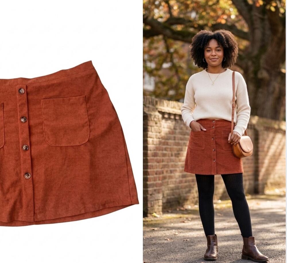 Burnt Orange Ribbed Button Front Mini Skirt Plus Size 1XL